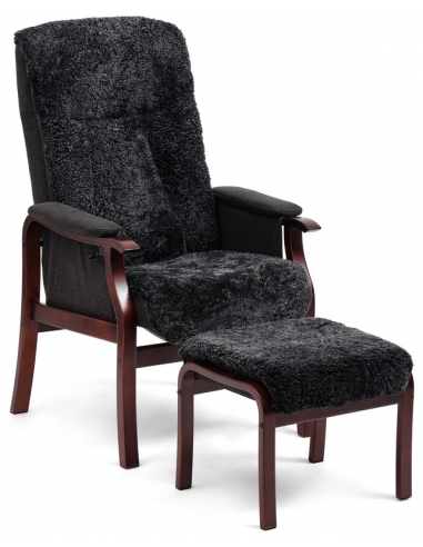 Ford Lænestol Med Fodskammel Træ Sheepskin H112 Mahogni Sort
