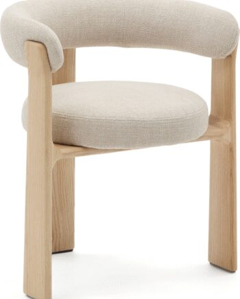 Spisestol Med Armlæn Kave Home Granite Rund Beige Chenille Fsc Asketræ Ben Polstret Sæde