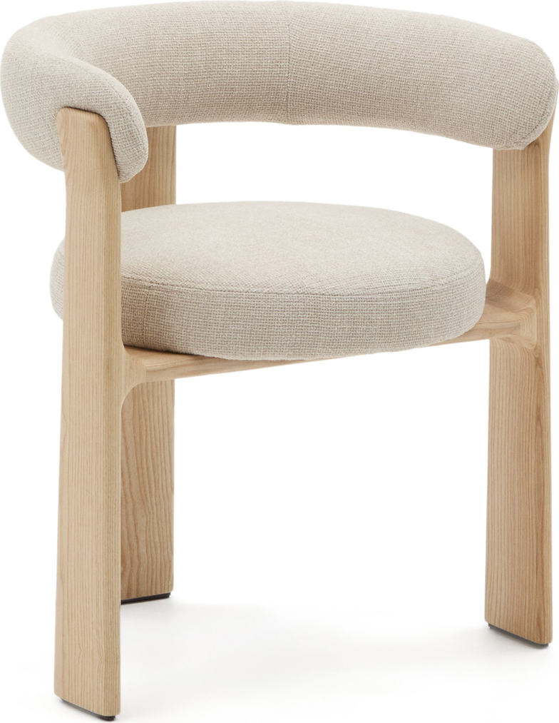 Spisestol Med Armlæn Kave Home Granite Rund Beige Chenille Fsc Asketræ Ben Polstret Sæde