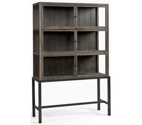 Vitrineskab Egetræ Metal Glas H175 Antik Sort Gråbejset